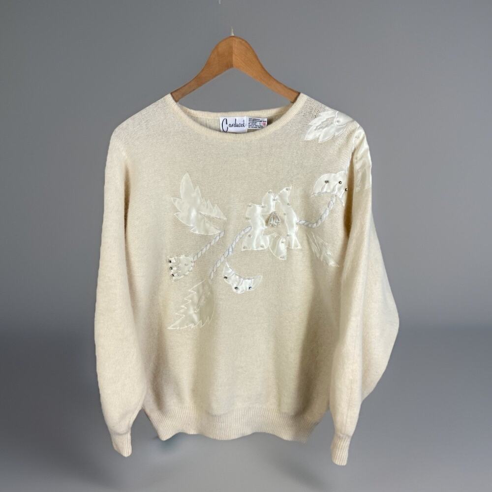 Carducci Angora Sweater Women’s Medium Cream Embellished Holiday Glam Retro ‘80s